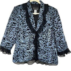 Retro Floral Blazer L Blue Chic Ruffle Metallic Classic Old Money Preppy 90s